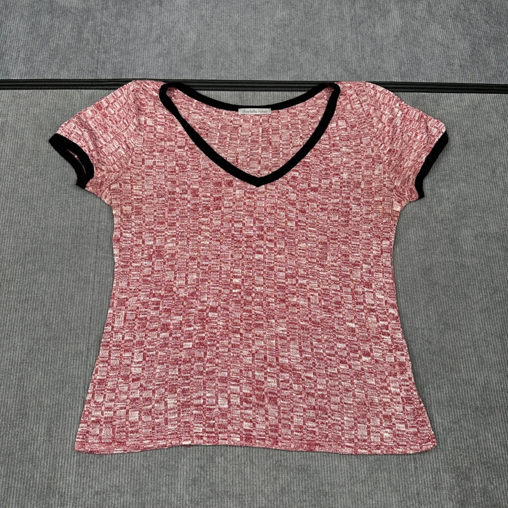 Charlotte Russe Red Space Dye V-Neck Ringer Top Short Sleeve Textured Knit Y2k